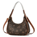 Brown monogram crescent hobo bag with vintage floral print and gold hardware detail - Coffee with Yellow (Style 36)