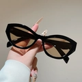 Κοντινό πλάνο γυαλιών ηλίου cat-eye με μαύρο γυαλιστερό σκελετό και καφέ φακούς - Μαύρος Σκελετός Φακοί Σαμπάνιας