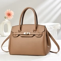 Classic brown pebble leather handbag with gold metal lock and elegant double handles - Khaki