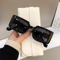 Retro black rectangular sunglasses with dark grey lenses and beige leather case - Black Frame Grey Lens