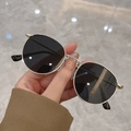 Modern small round silver metal frame sunglasses with dark gradient lenses for women - Gold Frame Black Grey