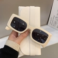 Retro square frame cream sunglasses with black lenses and matching leather pouch - Beige Frame Grey Lens