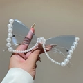Vlinder cat-eye zonnebril met parels en bijpassende witte parelmoeren brillenkoord - Transparant Frame Verloop Blauwe Lenzen
