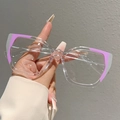 Dettaglio di occhiali cat-eye trasparenti con accenti viola e misure delle stanghette - Estremità Rosa Grigio con Centro Trasparente