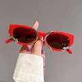 Red square frame sunglasses with silver leopard accents and dark brown lenses - Red Frame Tea Lens