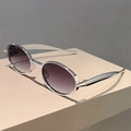 Side view of retro oval sunglasses with silver metal frames and gradient purple lenses - Silver Frame Gradient Grey Lens