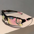 Close-up of sports sunglasses with black spotted frame and colorful mirrored lenses - Black Speckled Frame Pink Mirrored (Black Pink Leg)