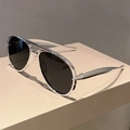 Detail of silver aviator sunglasses with classic double bridge and dark lenses - Silver Frame Black Grey Lens
