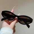 Detail of vintage cat-eye sunglasses with thick black frames and dark brown lenses - Black Frame Tea Lens