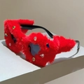 Lunettes de soleil chat en peluche rouge avec strass colorés et verres en cœur - Peluche Rouge Cadre Noir Verres Gris