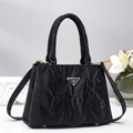 Large capacity black textured leather handbag with gold hardware and shoulder strap - Black