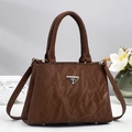 Brown pleated large capacity handbag with metal logo and adjustable shoulder strap - Coffee