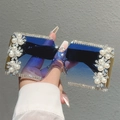 Frameless oversized square sunglasses with blue gradient lenses and pearl diamond accents - Gold Frame Rhinestone Gradient Blue Lens