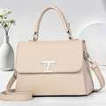 Litchi pattern leather satchel bag with silver metal logo and adjustable shoulder strap - Light Khaki