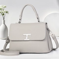 Elegant grey lychee leather tote bag with silver logo and adjustable shoulder strap - Gray