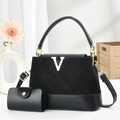 Elegant black handbag with gold V logo, stitched texture, and detachable shoulder strap - Black