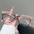 Pink and tortoiseshell cat-eye glasses frame with golden metal hinges and premium finish - Top Khaki Bottom Leopard Frame Clear Lens