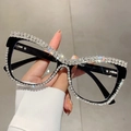 Montura de gafas cat eye negra con pedrería brillante y lentes transparentes de moda - Montura Negra Patilla Negra