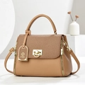 Elegante borsa a mano in pelle marrone e tessuto con dettagli in metallo dorato - Cachi