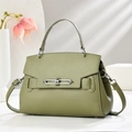 Minimalist olive green pebbled leather handbag with silver metallic buckle detail - Green