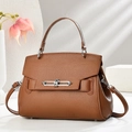 Brown litchi leather crossbody bag with silver buckle and detachable shoulder strap - Khaki/Earth Yellow