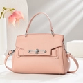 Details der rosa Handtasche aus Narbenleder mit silbernem Schloss und feiner Textur - Rosa