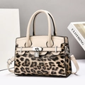 Detail of leopard print and beige leather patchwork handbag with silver lock closure - Khaki