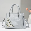 Gray floral embroidered tote bag with large capacity and detachable shoulder strap - Gray