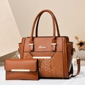 Brown two-piece luxury handbag set with snakeskin texture and metal logo detail - Handbag And Wallet Set / Earthy Yellow