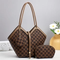 Three-piece set of brown monogram tote bag, cosmetic pouch and round coin purse - Brown