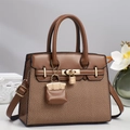 Brown leather and herringbone fabric tote bag with gold hardware and shoulder strap - Brown