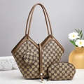 Chic 3-piece tote bag set with monogram print canvas and elegant faux leather trim - Khaki