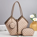 Three-piece beige tote bag set with brown monogram pattern and gold hardware details - Pink