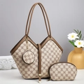 Three-piece beige canvas and leather tote set with vintage letter monogram and slim handles - Off-white