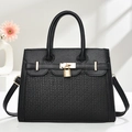 Sac à main en cuir noir avec texture tissée, poignée et fermoir cadenas doré - Noir