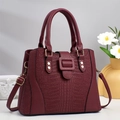 Burgundy PU leather handbag with crocodile texture, gold hardware and shoulder strap - Red