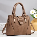 Tawny faux leather tote bag with crocodile pattern and golden hardware detail - Brown