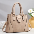 Elegant beige leather handbag with crocodile texture and golden hardware shoulder strap - Khaki