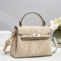 Minimalist beige marble pattern trapezoid handbag with gold hardware and top handle - Light Khaki