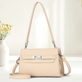 Minimalist beige pebble leather tote bag with silver buckle and floral background decoration - Light Khaki