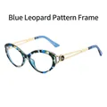 Chic blue leopard print cat-eye glasses with hollow golden metal temples - Blue Leopard Frame