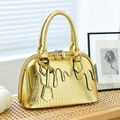 Metallic gold macaron handbag with creamy lychee texture and large capacity design - Gold