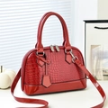 Red crocodile embossed patent leather shell handbag with detachable shoulder strap - Wine Red
