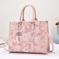 Pink Chinese style embroidered tote bag with elegant floral patterns and leather handles - Pink