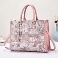 Pink floral embroidery tote bag with shoulder strap and stylish top handles for women - Light Purple