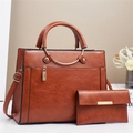 Caramel brown large tote bag and matching clutch set with round metal handles and strap - Yellow / L28 W11 H22