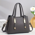 Grey lychee leather tote bag with gold hardware and adjustable shoulder strap for women - Gray