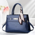 Elegant crocodile embossed navy blue handbag with silk scarf and gold lock for women - Blue