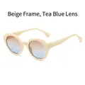 Retro round sunglasses with cream frames and tea-blue gradient lenses for women - Beige Frame Brown Blue Lens