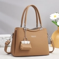 Elegant brown pebbled leather handbag with top handles and a detachable shoulder strap - Khaki